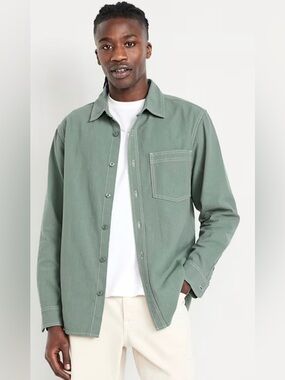 Old Navy Men's Sage Green Contrast Stitch Button-Down Work Shirt Dried Herb